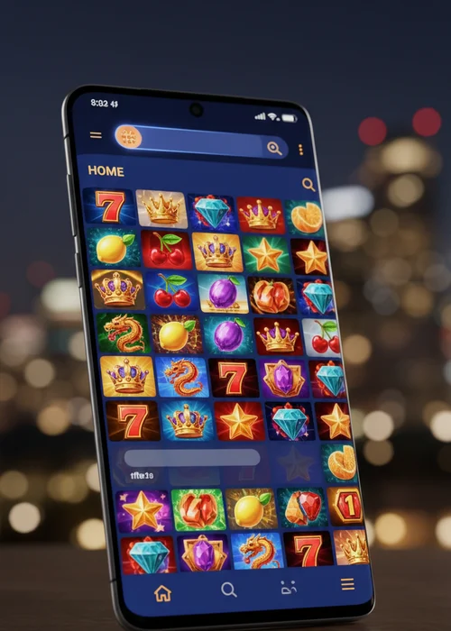 Mobile app interface showing a vibrant slot game and bonus banner